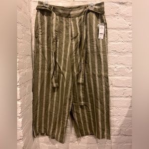 LORD & TAYLOR 100% LINEN GREEN W/ GRAY STRIPES BELTED CROPPED PANTS SIZE 8 NWT